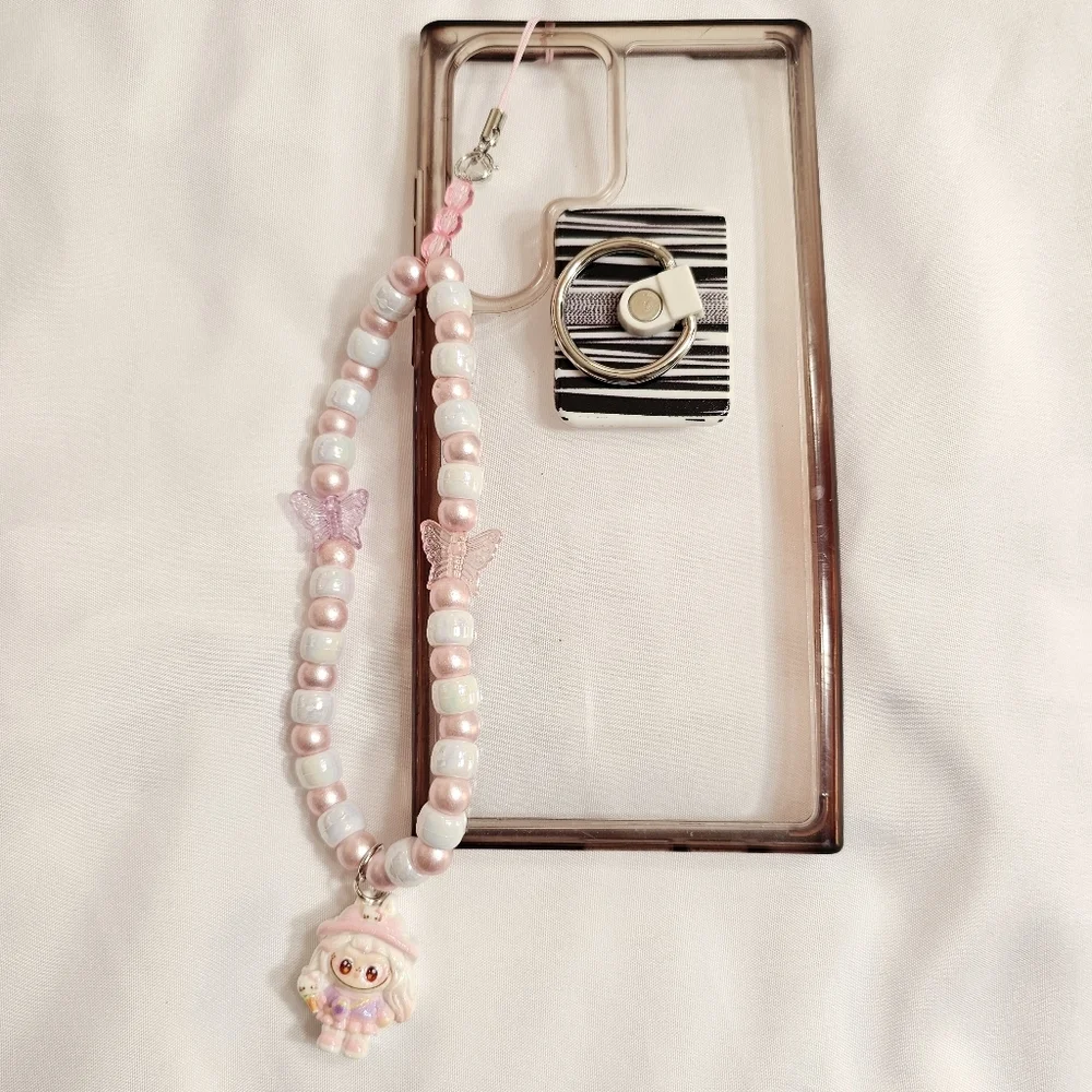 Cute Pastel Blue Girly Dainty Elegant Beaded Labubu Phone Charm or Wrist Strap